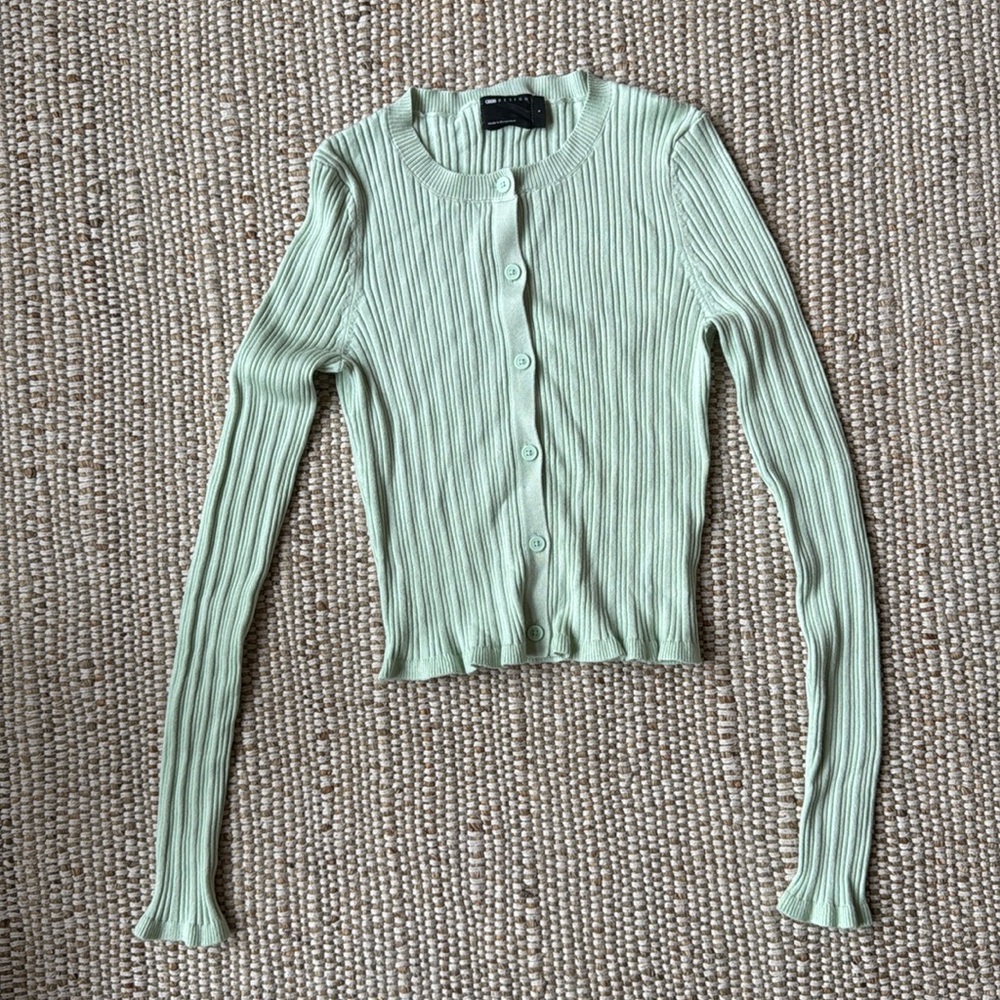 Light Sage Ribbed Button-Up Cardigan